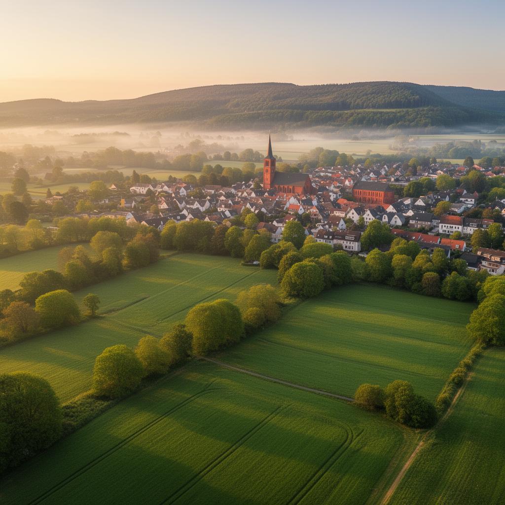 Landschaft und Ortschaft in der Region Osnabrück mit Wiehengebirge im Hintergrund